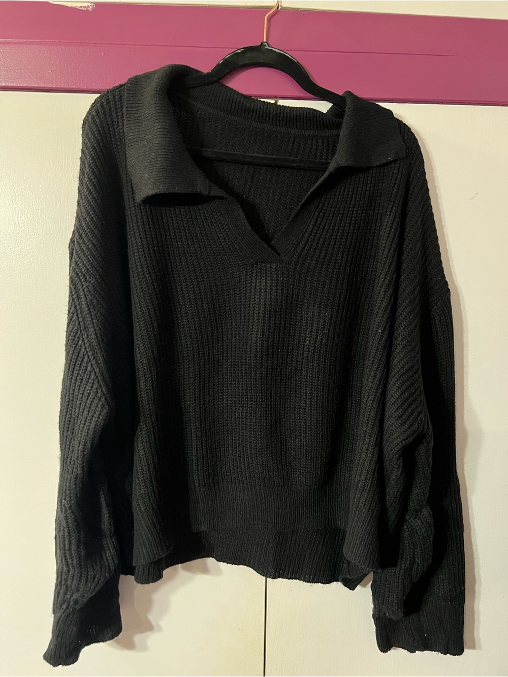 Classic Black Ribbed Collared V-Neck Sweater